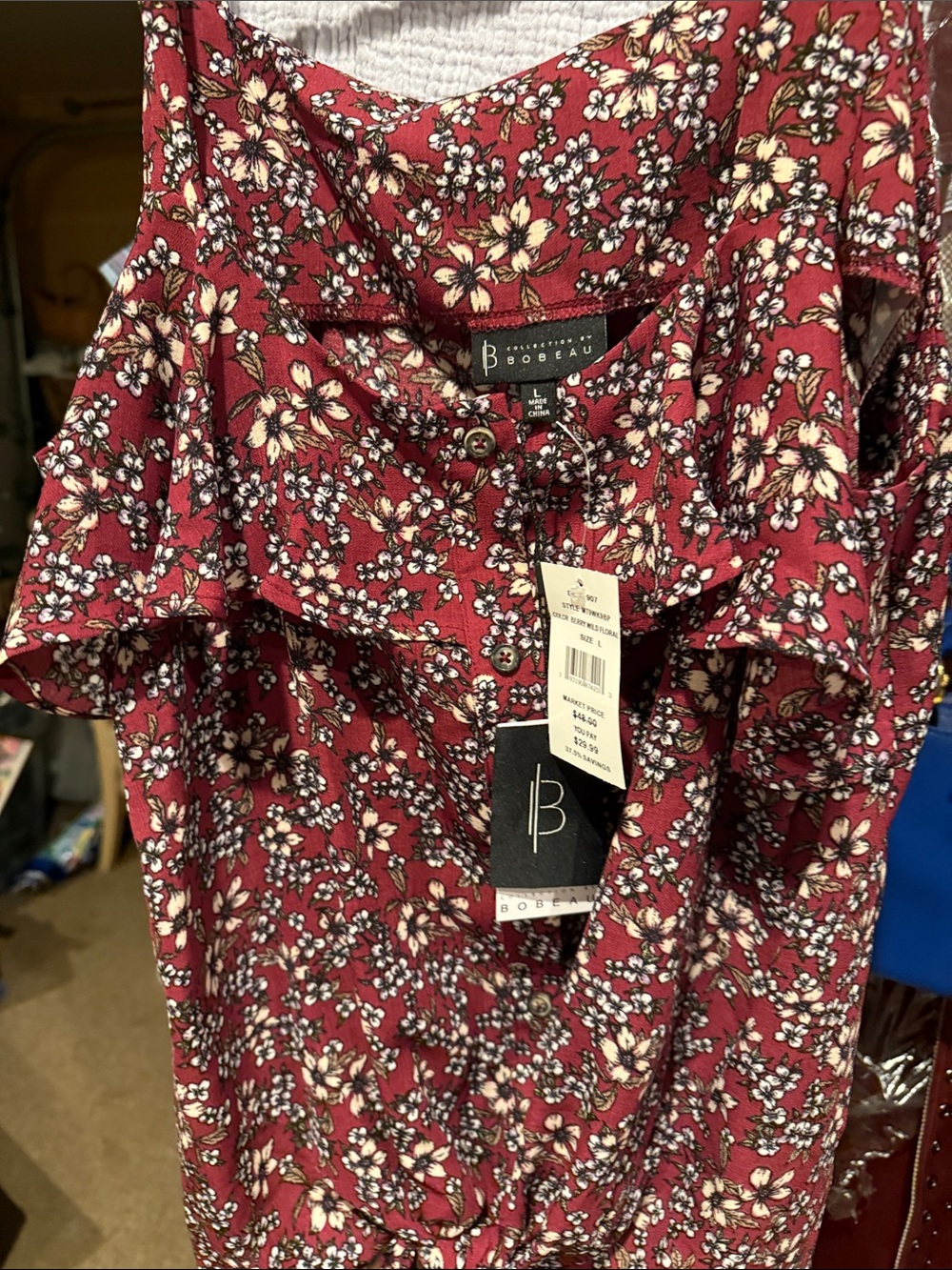 bobeau Burgundy Floral Short Sleeve Button-Up Shirt
